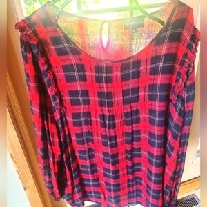 Fenomenon‎ Red Plaid Holiday Ruffled Long Sleeve Sz. 3X Blouse Tunic